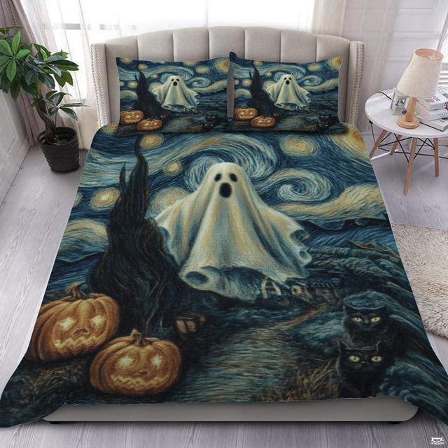 Starry night Halloween ghost bedding with swirling sky - view 1