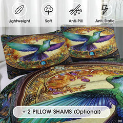 Close view of coordinated pillows with jeweled hummingbird medallion artwork