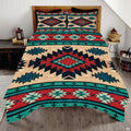 Boho geometric bedding showcasing central Southwestern Aztec diamond medallion in turquoise and rustic red.