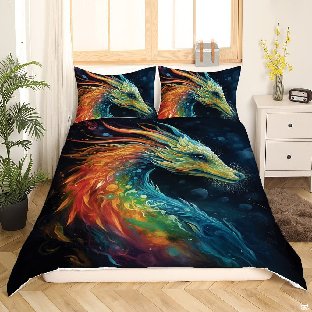 Rainbow dragon bedding displaying celestial serpentine dragon with prismatic mane against dark starry space