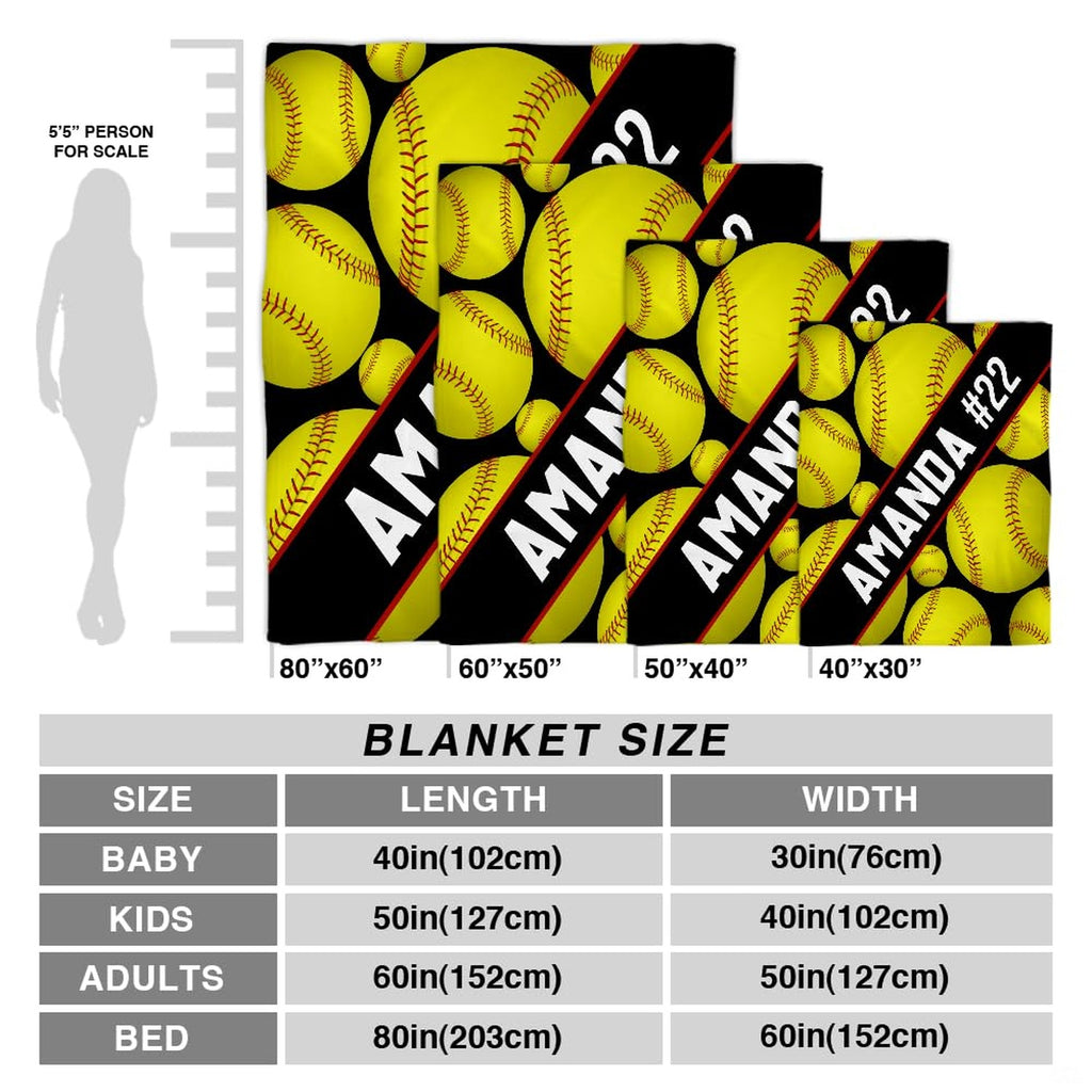 Draped perspective of softball pattern throw blanket highlighting black, yellow, and red colors.