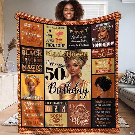 Golden birthday milestone collage throw blanket featuring headwrap portrait and celebration typography