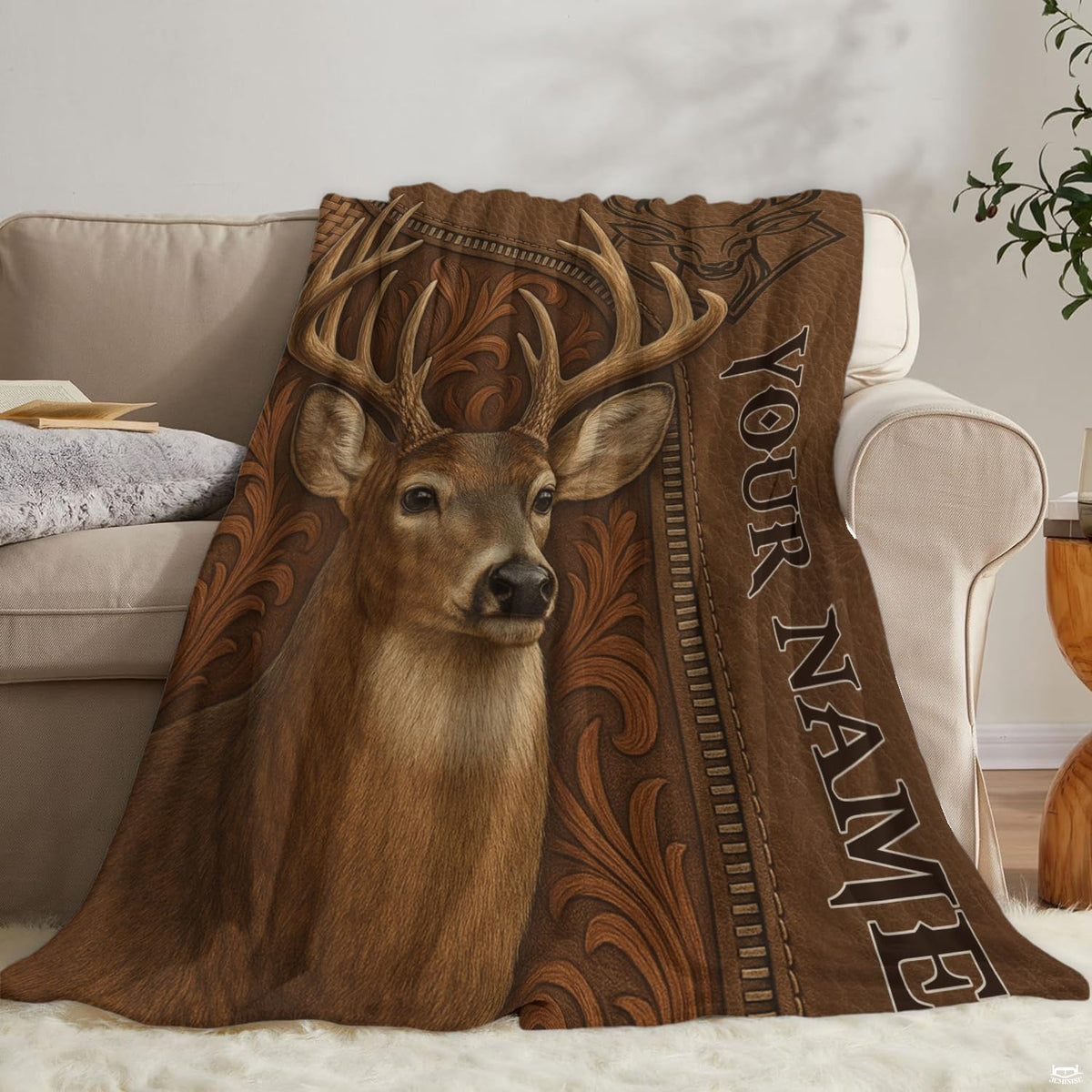 Lifestyle display of the western deer blanket in a cabin interior.