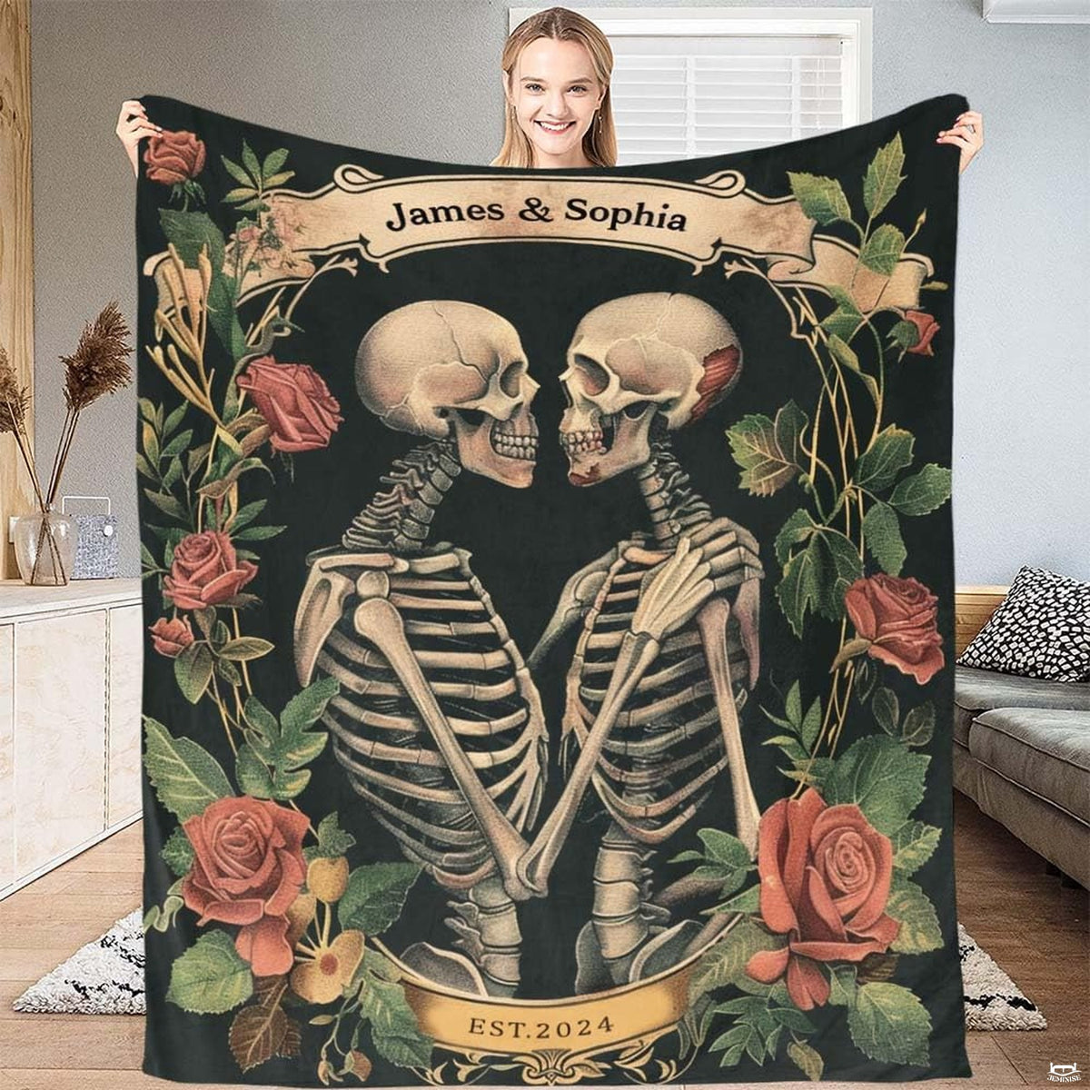 Gothic skeleton couple roses throw blanket featuring two embracing skeletons and vintage floral banners