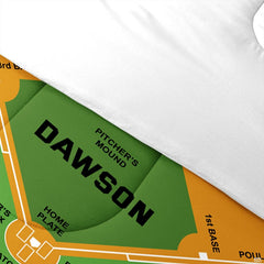 Folded presentation of baseball helmet bedding displaying sharp graphic clarity in lime green tones