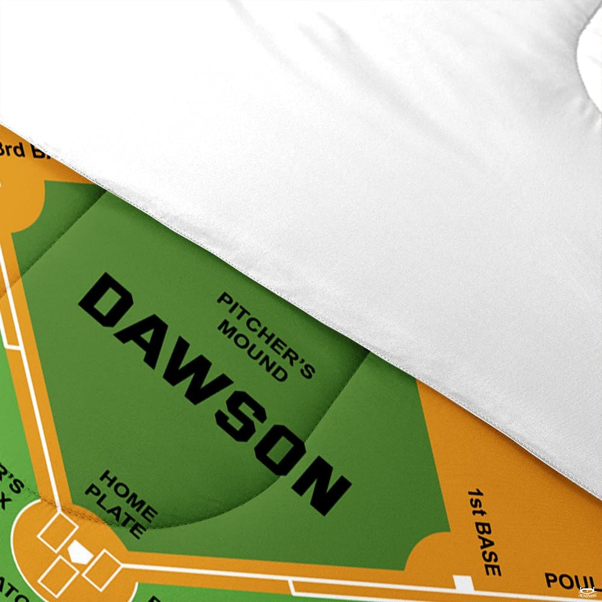 Folded presentation of baseball helmet bedding displaying sharp graphic clarity in lime green tones