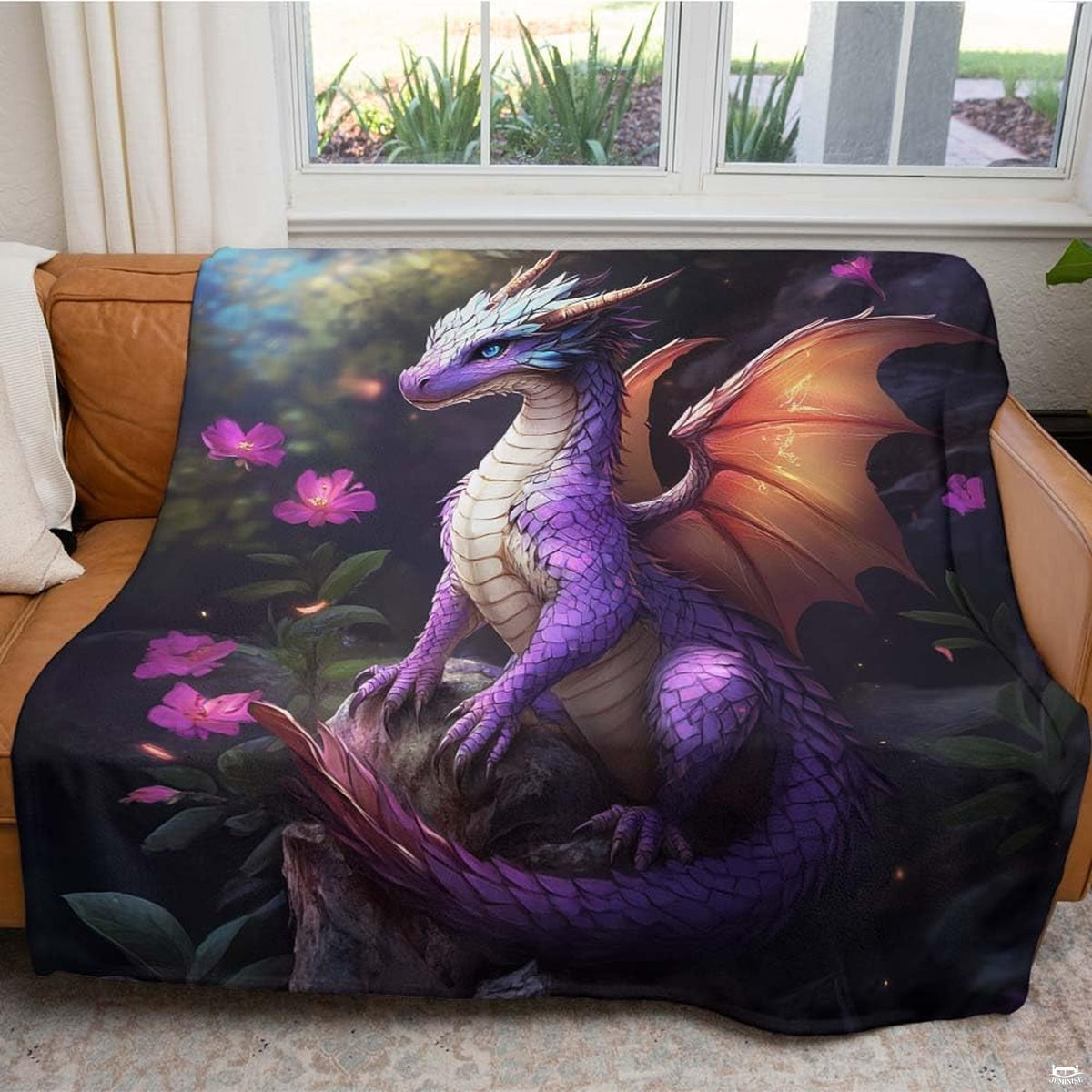 Fantasy digital illustration of purple dragon with amber wings on mossy rock with pink flowers, view 2.
