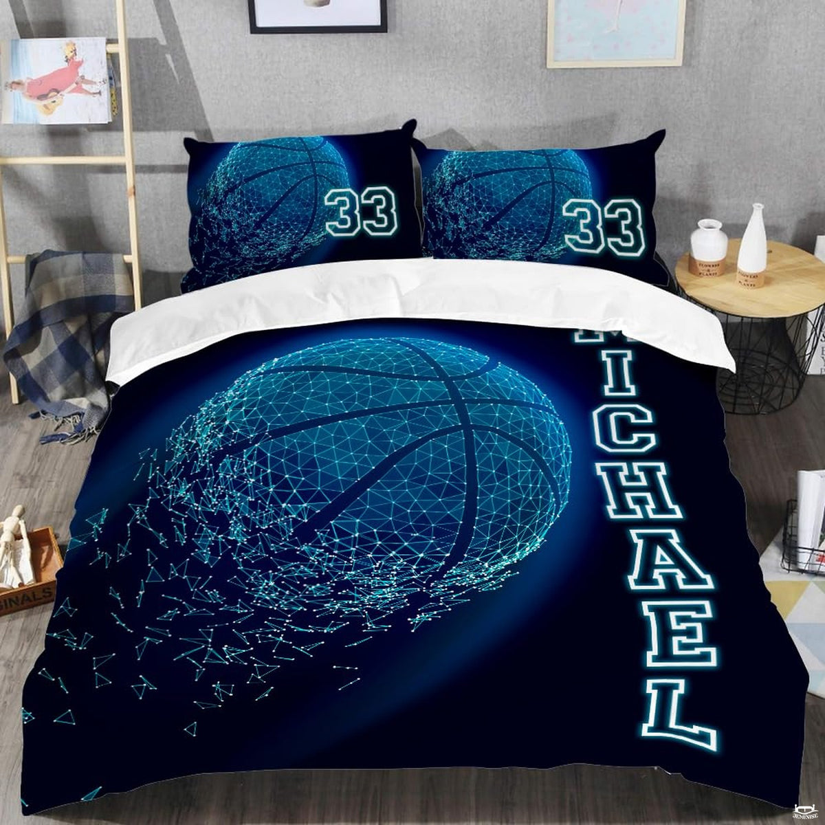 Close-up perspective of basketball bedding showing detailed glowing constellation nodes and exploding polygon particles