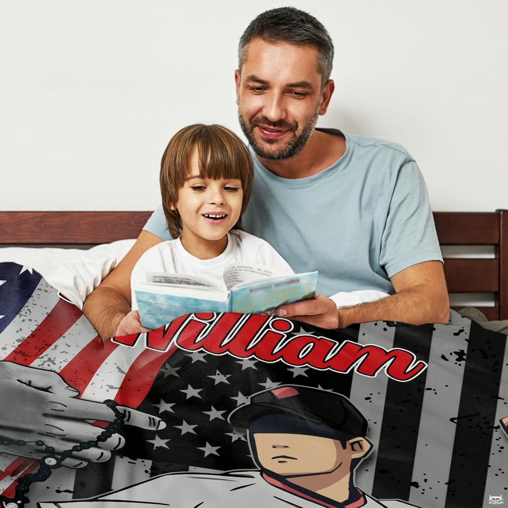 Patriotic baseball pitcher throw blanket view 3 highlighting pitcher artwork, flag graphics, and room decor