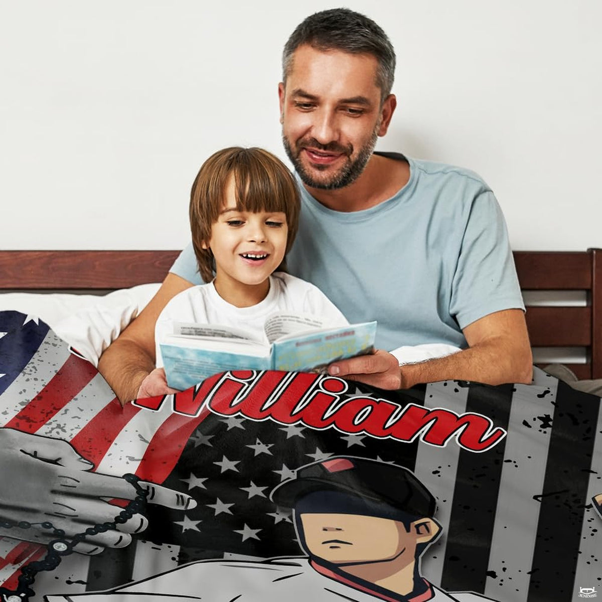 Patriotic baseball pitcher throw blanket view 3 highlighting pitcher artwork, flag graphics, and room decor