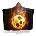 Fire soccer ball blanket displaying a glowing flame soccer ball with athletic script on midnight black backdrop.
