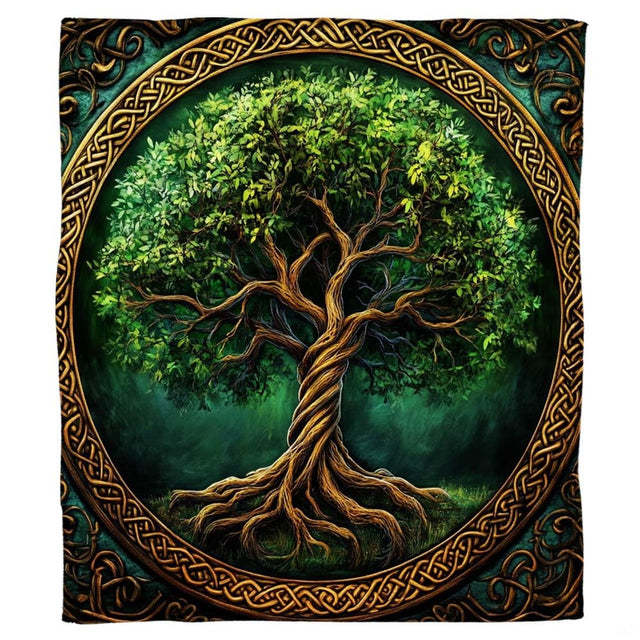 Living room display showing Celtic Tree of Life throw blanket styled across neutral home seating.