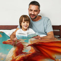 Close-up perspective of red dragon scales and wings on throw blanket
