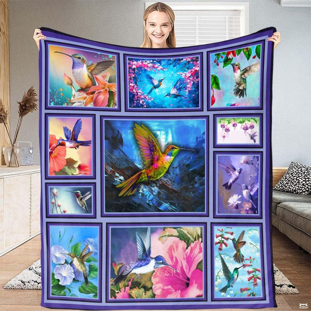 Gallery collage of colorful hummingbirds and blooming flowers, view 1.