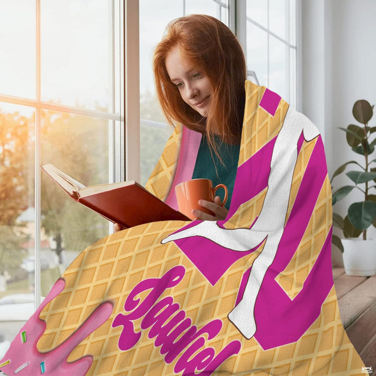 Alternate folded angle of softball batter sports throw blanket highlighting dessert grid graphics.