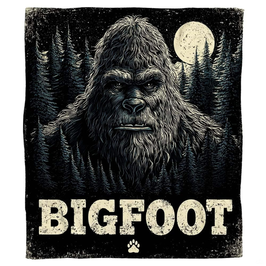 Cryptid folklore throw blanket displayed flat showing the sasquatch and nocturnal pine forest artwork