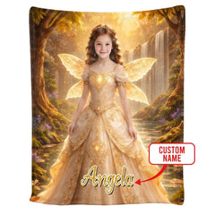 Detailed visual presentation of golden embroidered lace gown and magical wings on fairy bedding set single motif.