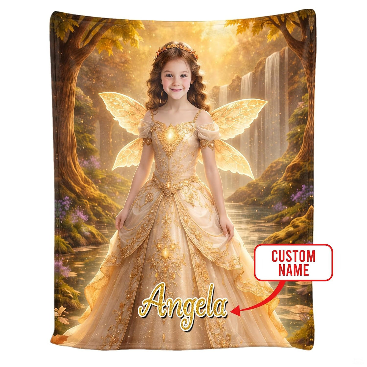 Detailed visual presentation of golden embroidered lace gown and magical wings on fairy bedding set single motif.