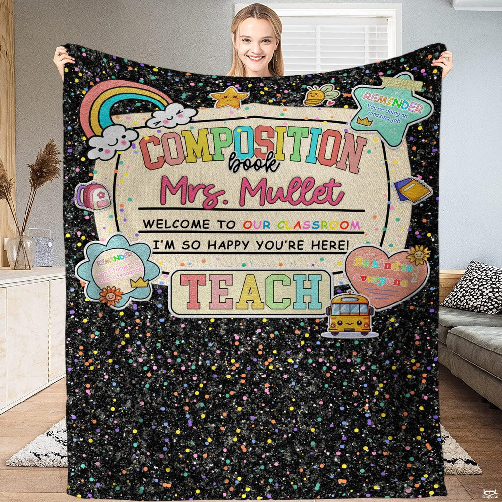 School bus bedding set showing thematic accent notebook confetti print and cartoon pencils.