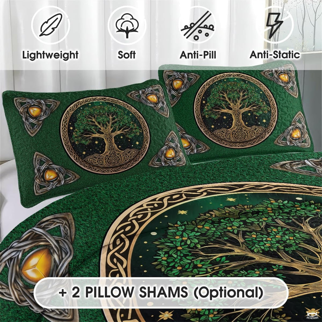 Detailed look at corner triquetra knot with glowing amber center against emerald textured background.