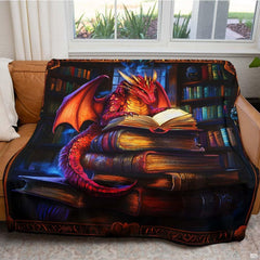 Living room sofa displaying the fantasy red dragon library book throw blanket.