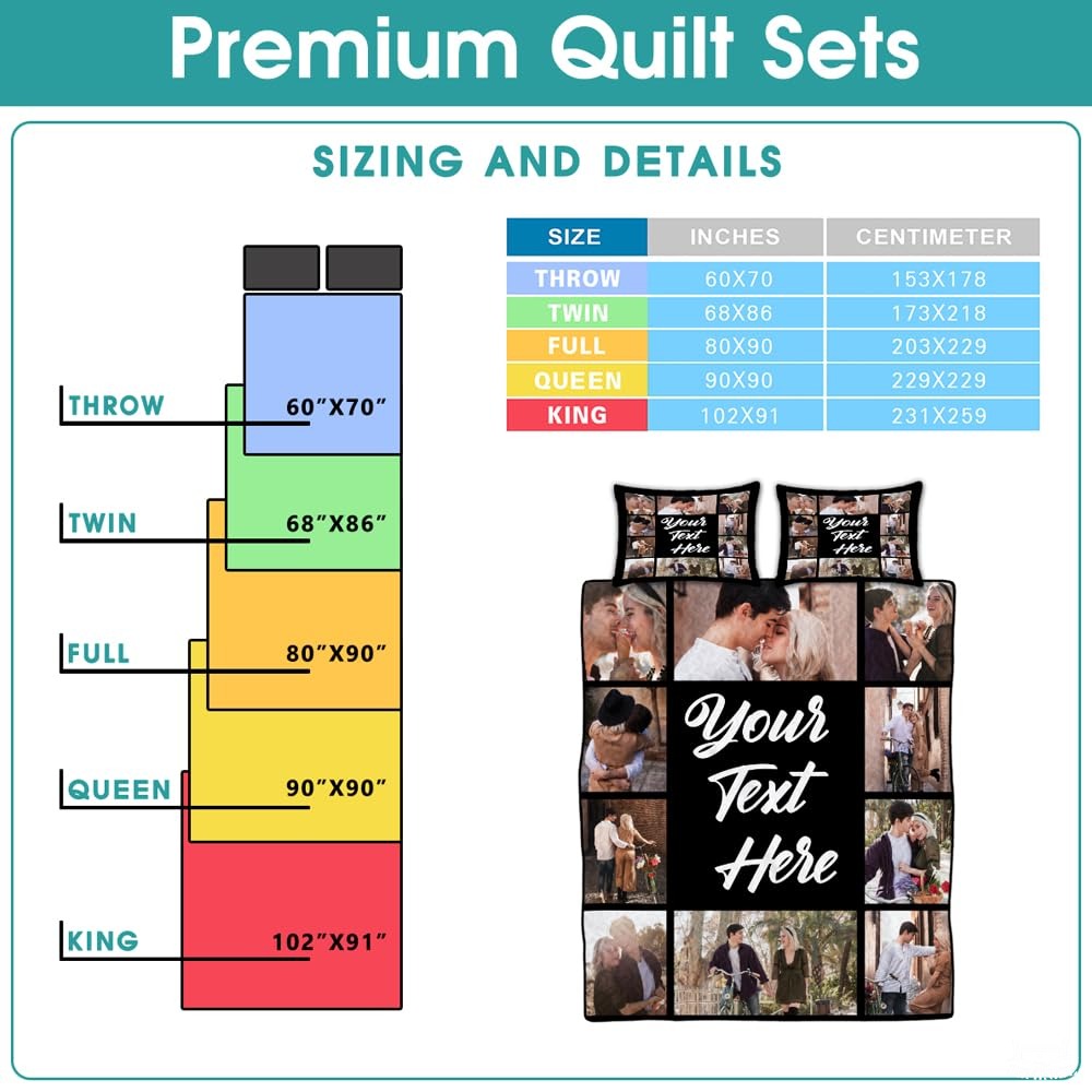 Photo collage quilt set size chart
