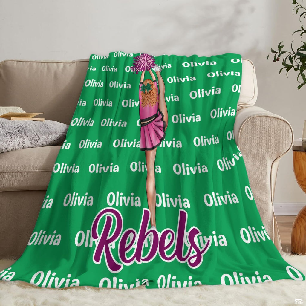 Emerald green bedding set styled on a modern bed displaying energetic cheerleading artwork.