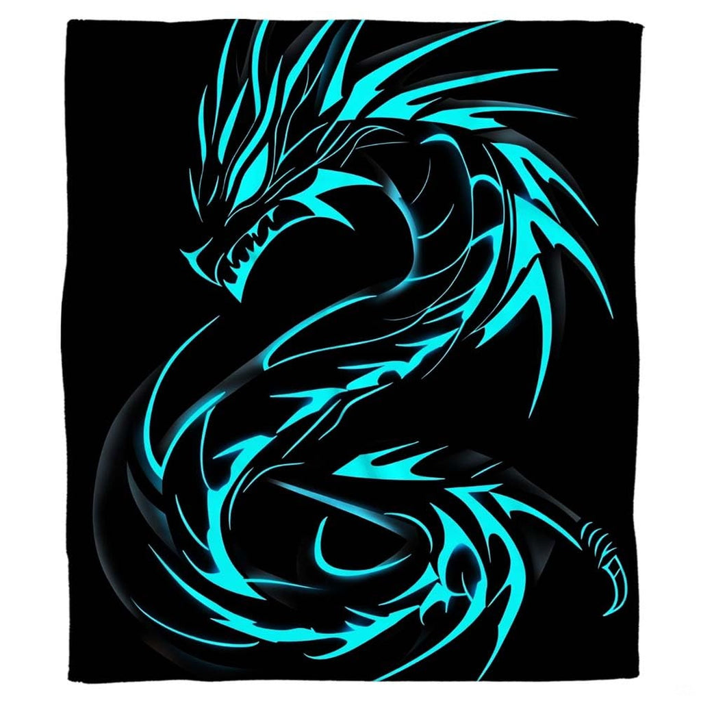 Front full perspective of electric cyan dragon throw blanket showing glowing blue dragon on black background