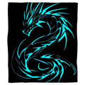 Front full perspective of electric cyan dragon throw blanket showing glowing blue dragon on black background