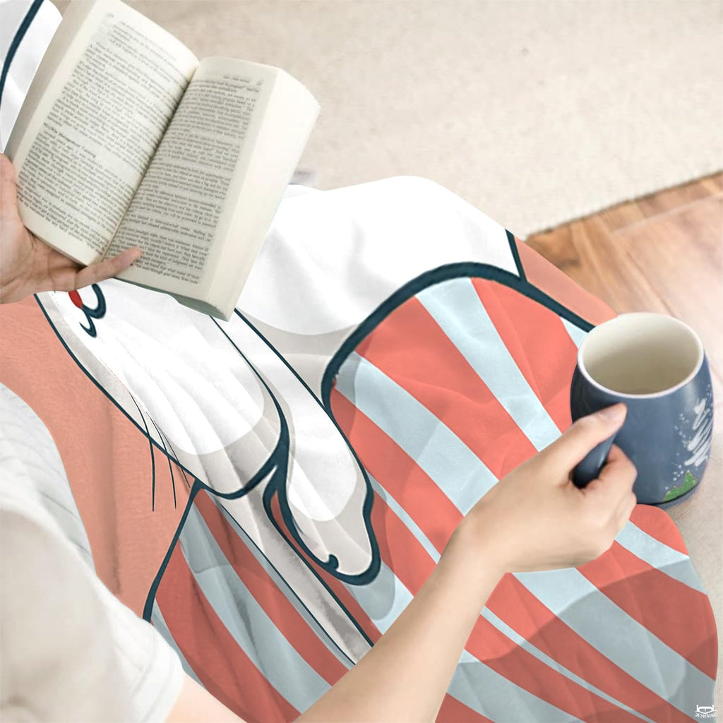 Close up of sleeping nurse cat throw blanket highlighting kitten illustration and nurse cap details