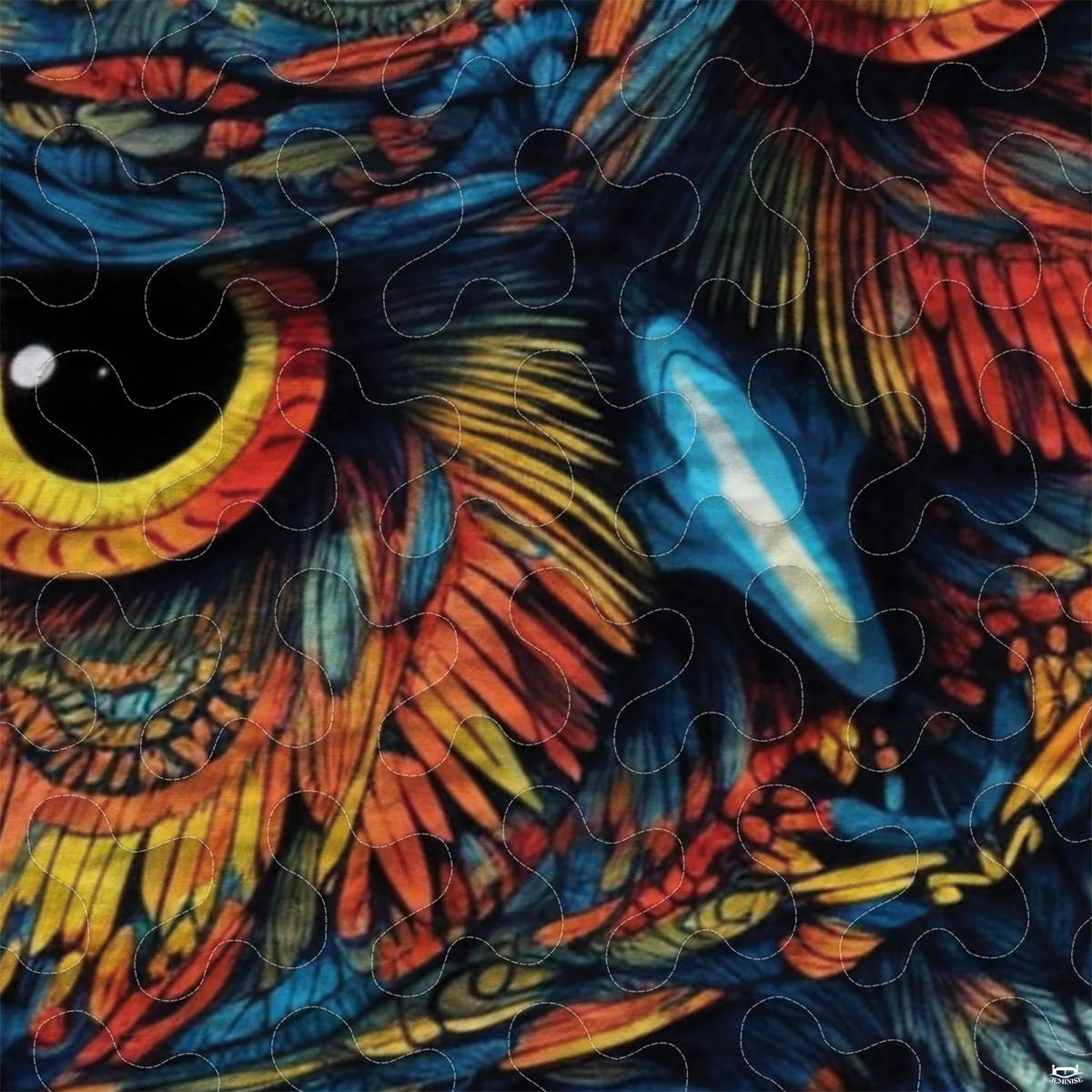 Close-up view of owl bedding highlighting detailed honey amber feather plumage and glowing eyes