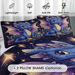 Full bedroom display of sapphire baby dragon bedding styled with magical room decor accents
