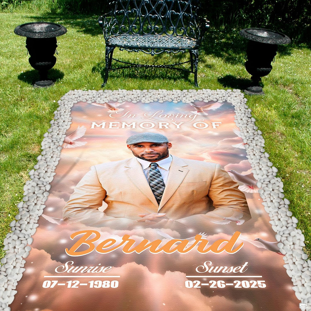 Funeral photo banner artwork featuring portrait aesthetic and glowing heavenly light overhead.