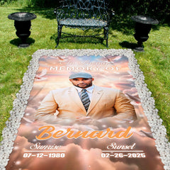 Funeral photo banner artwork featuring portrait aesthetic and glowing heavenly light overhead.
