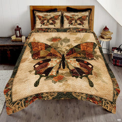 Terracotta autumn butterfly and leaf bedding set featuring winged butterflies and fall foliage in rustic patchwork tiles.