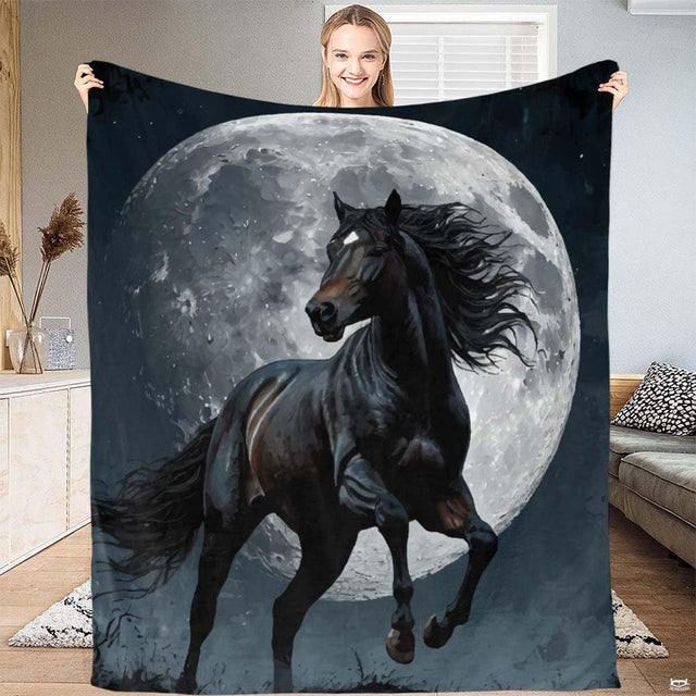 Black horse bedding displaying a galloping stallion beneath a luminous thematic accent moon in midnight blue sky.