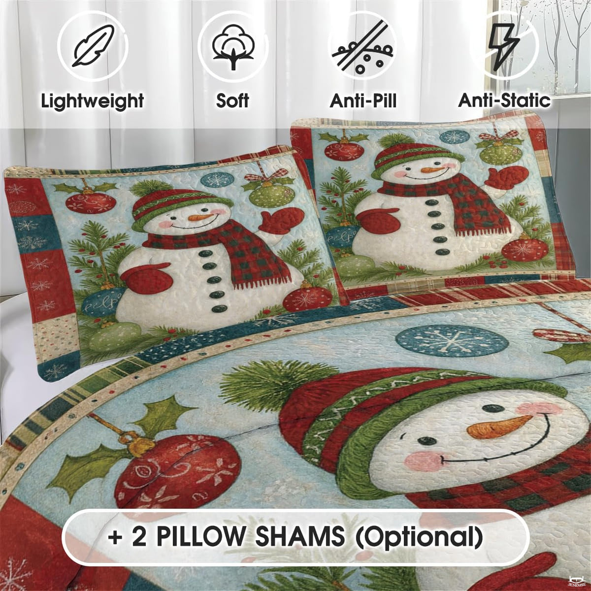 Close-up detail of snowman bedding set showing crisp illustration linework and oatmeal cream background.