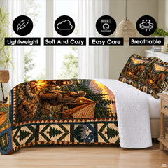 Matching pillow shams displaying a creature family campfire scene on an alpine bedding set