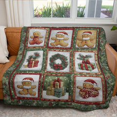 Gingerbread man Christmas wreath throw blanket view 4 highlighting holiday cookies, presents, and festive decor