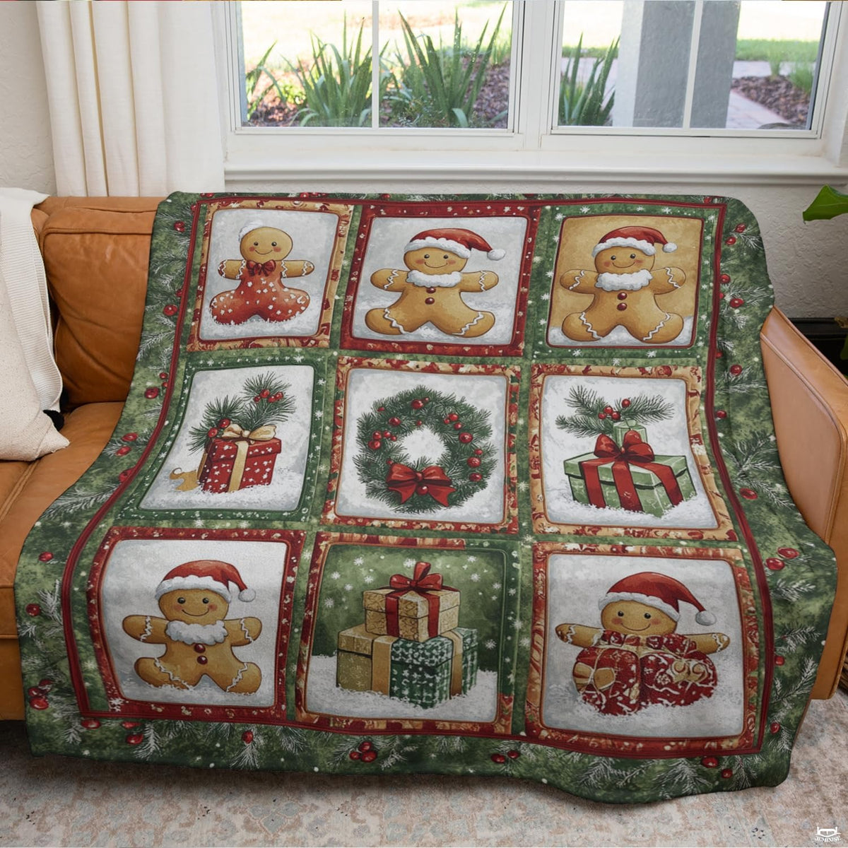Gingerbread man Christmas wreath throw blanket view 4 highlighting holiday cookies, presents, and festive decor