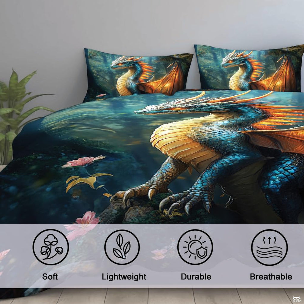 Close view of teal dragon forest artwork