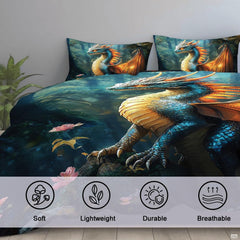Close view of teal dragon forest artwork