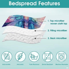 Botanical bedroom styling of purple butterfly bedding set arranged on a wooden bed frame with coordinated floral accents.
