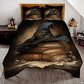 Witch hat and antique book bedding in a bright bedroom