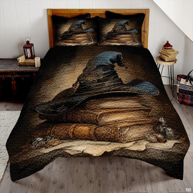 Witch hat and antique book bedding in a bright bedroom