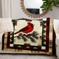 Overhead view showing the complete cardinal songbird artwork framed by warm wood-grain printed borders.