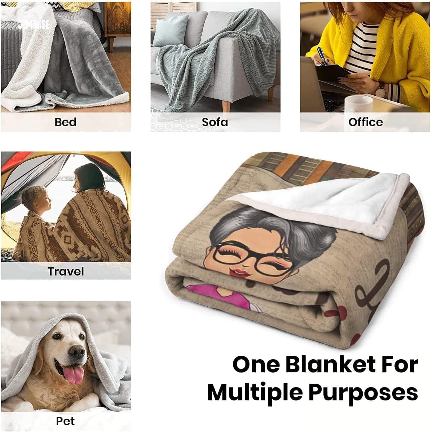 Jeminise Customized Reading Blanket for Book Lovers, Personalized Daughter Gift