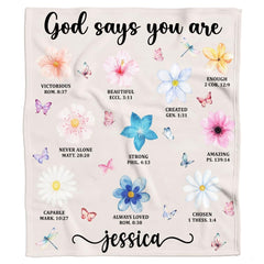 Close up view of white textile texture and dense perimeter stitching on watercolor flowers scripture blanket
