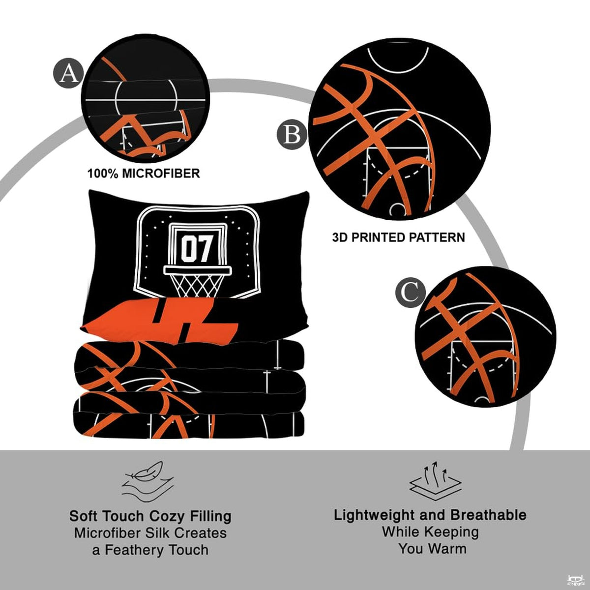 Overhead view of court playbook sports bedding arranged neatly across a modern varsity bedroom bed