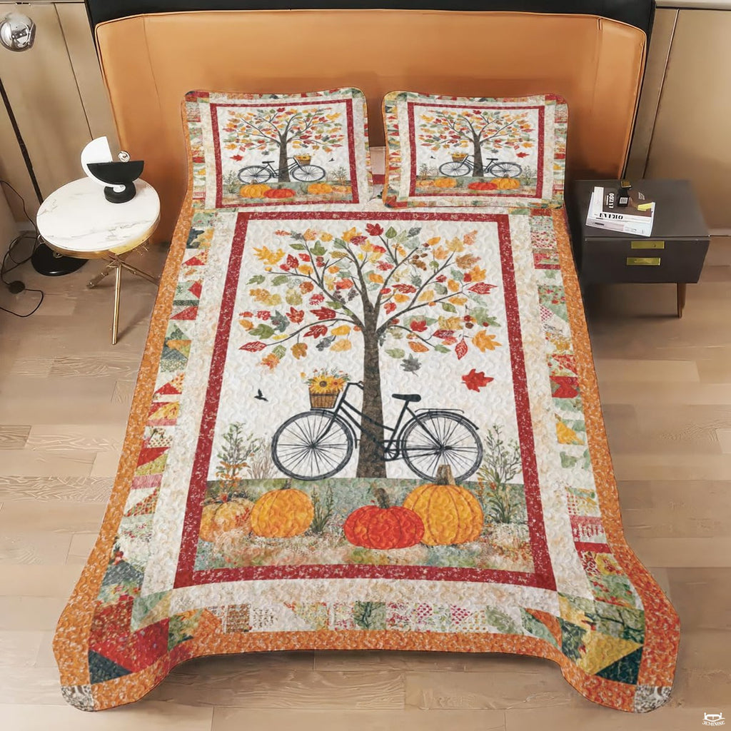 Scenic autumn forest bedding set styled in an inviting seasonal guest bedroom atmosphere